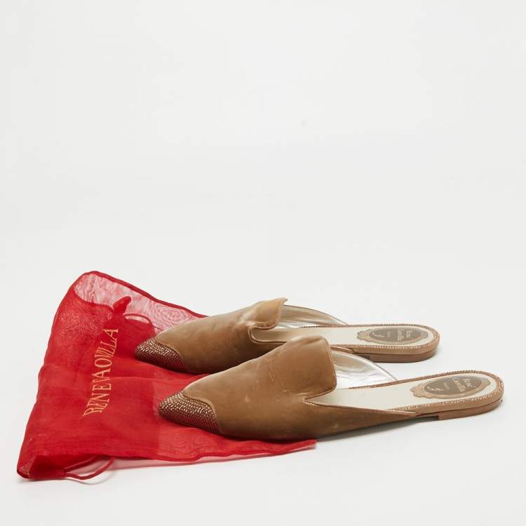 Pre Owned René Caovilla Brown Velvet Crystal Embellished Flat Mules Size 39