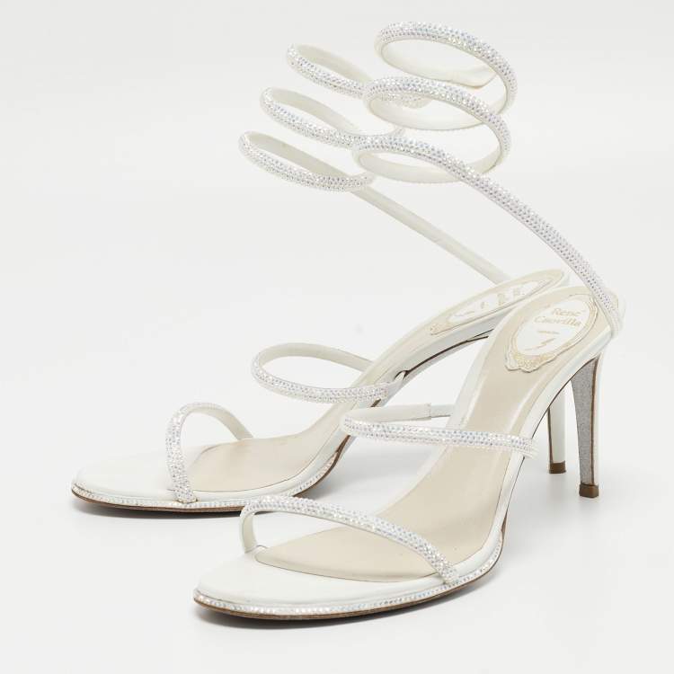 Pre Owned Rene Caovilla White Leather Crystal Embellished Ankle Wrap Sandals Size 41