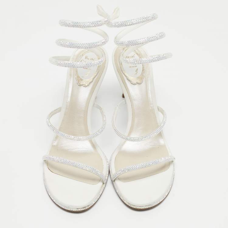 Pre Owned Rene Caovilla White Leather Crystal Embellished Ankle Wrap Sandals Size 41