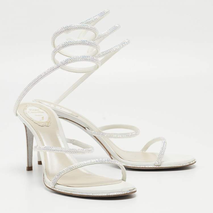 Pre Owned Rene Caovilla White Leather Crystal Embellished Ankle Wrap Sandals Size 41