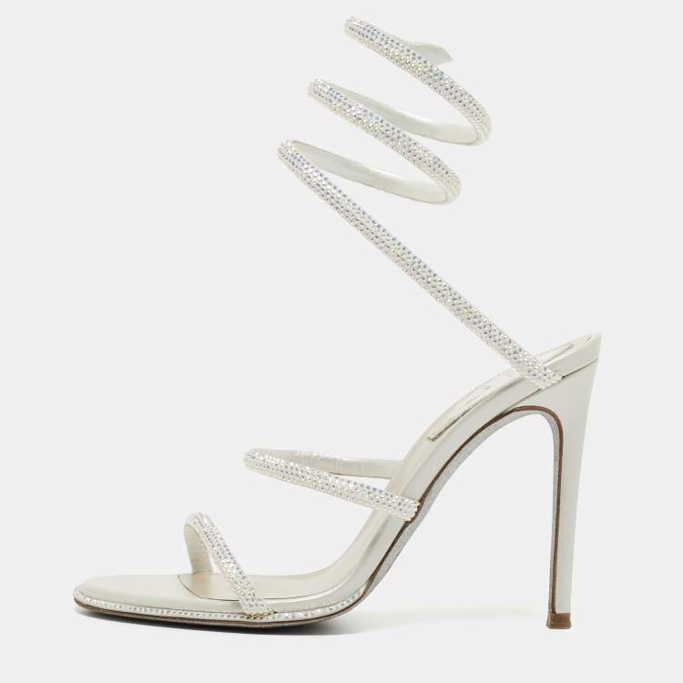 Pre Owned René Caovilla White Satin Crystal Embellished and Leather Cleo Ankle Wrap Sandals Size 35