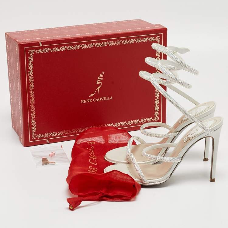 Pre Owned René Caovilla White Satin Crystal Embellished and Leather Cleo Ankle Wrap Sandals Size 35