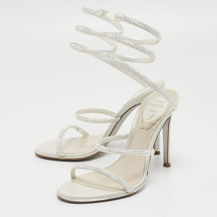 Pre Owned René Caovilla White Satin Crystal Embellished and Leather Cleo Ankle Wrap Sandals Size 35