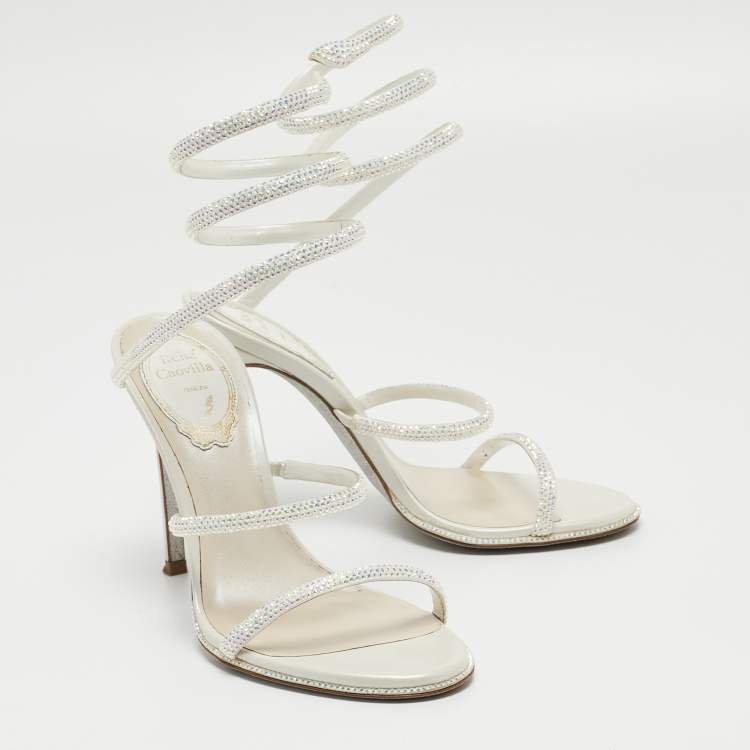 Pre Owned René Caovilla White Satin Crystal Embellished and Leather Cleo Ankle Wrap Sandals Size 35