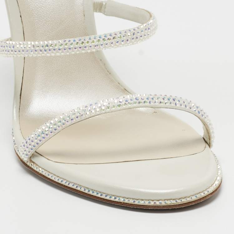Pre Owned René Caovilla White Satin Crystal Embellished and Leather Cleo Ankle Wrap Sandals Size 35