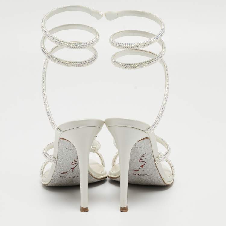 Pre Owned René Caovilla White Satin Crystal Embellished and Leather Cleo Ankle Wrap Sandals Size 35
