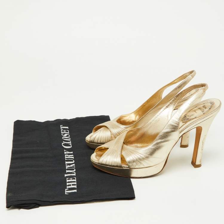 Pre Owned René Caovilla Gold Pleated Leather Cross Strap Slingback Sandals Size 39