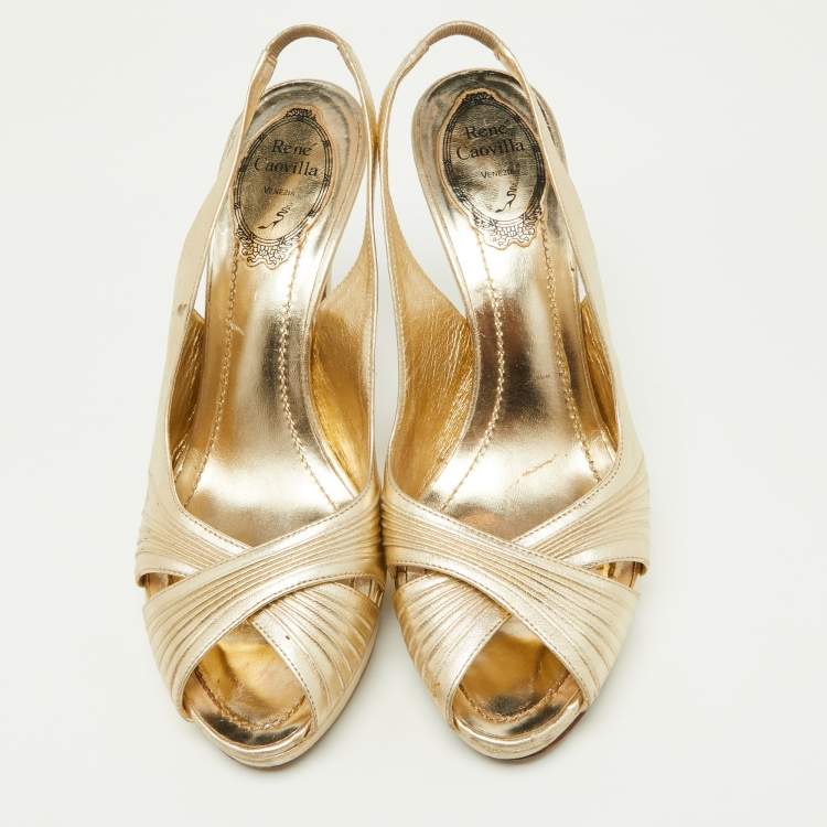 Pre Owned René Caovilla Gold Pleated Leather Cross Strap Slingback Sandals Size 39