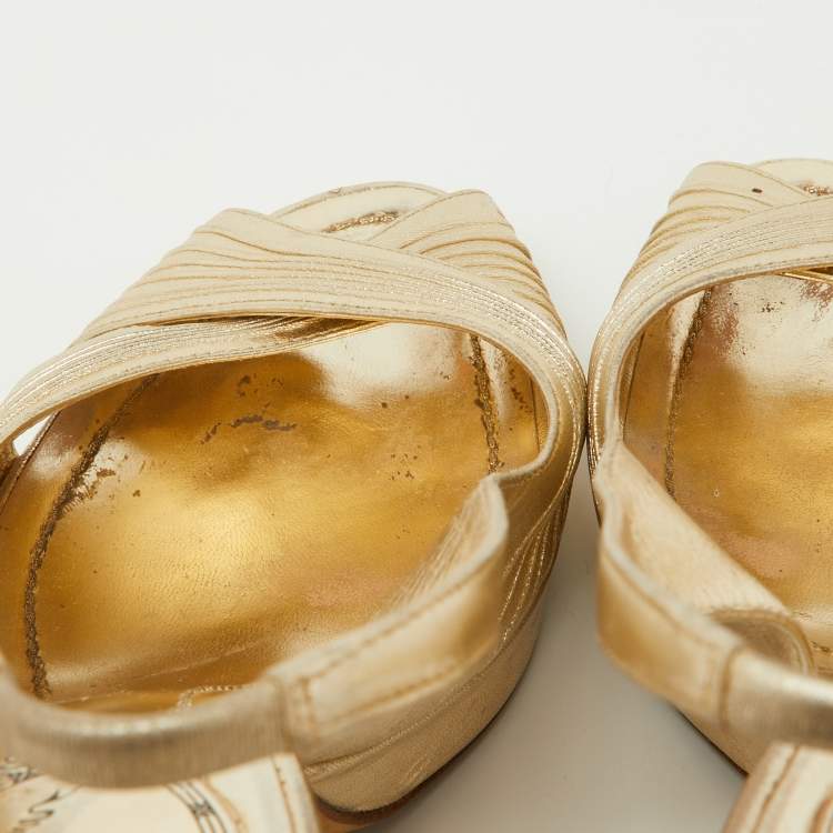 Pre Owned René Caovilla Gold Pleated Leather Cross Strap Slingback Sandals Size 39