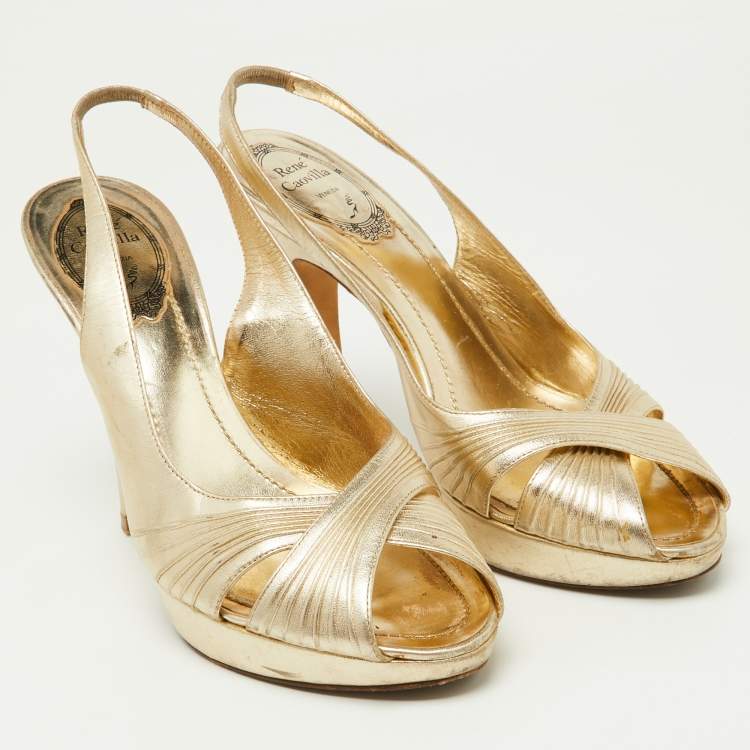 Pre Owned René Caovilla Gold Pleated Leather Cross Strap Slingback Sandals Size 39