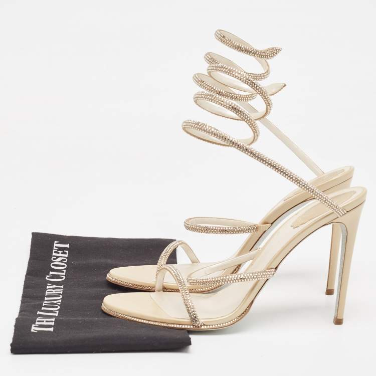 Pre Owned René Caovilla Gold Leather Crystal Embellished Cleo Ankle Strap Sandals Size 41