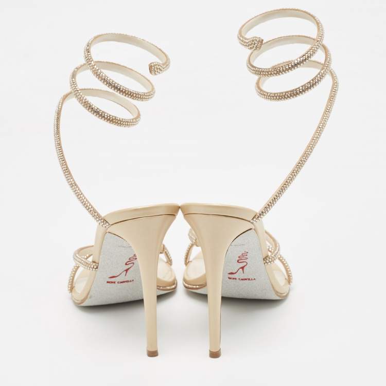 Pre Owned René Caovilla Gold Leather Crystal Embellished Cleo Ankle Strap Sandals Size 41