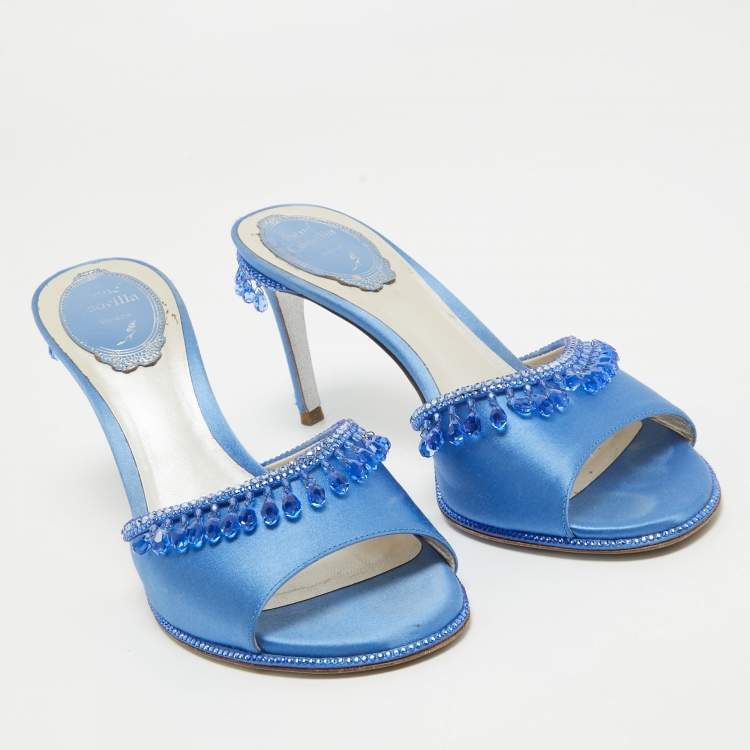 Pre Owned René Caovilla Blue Satin Crystal Embellished Slide Sandals Size 37