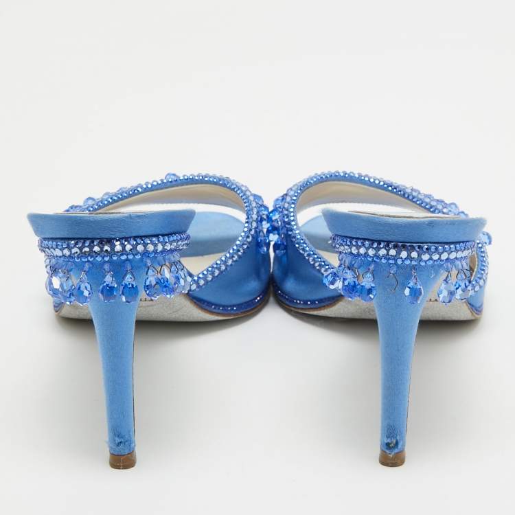 Pre Owned René Caovilla Blue Satin Crystal Embellished Slide Sandals Size 37