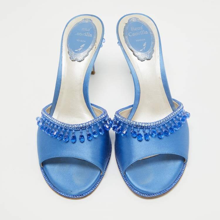 Pre Owned René Caovilla Blue Satin Crystal Embellished Slide Sandals Size 37
