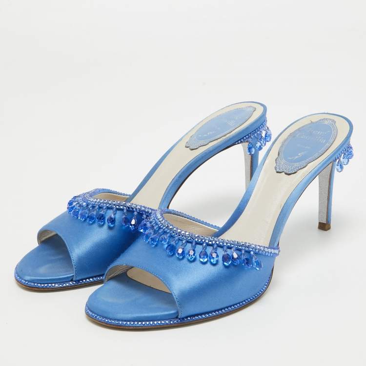 Pre Owned René Caovilla Blue Satin Crystal Embellished Slide Sandals Size 37
