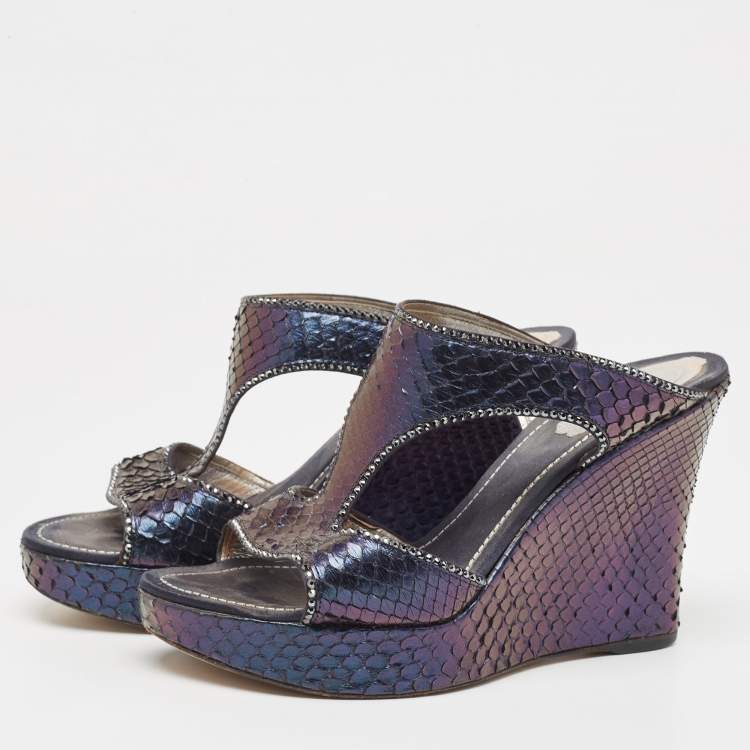 Pre Owned René Caovilla Metallic Python Crystal Embellished Wedge Sandals Size 37