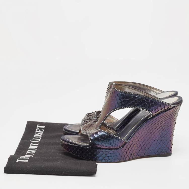 Pre Owned René Caovilla Metallic Python Crystal Embellished Wedge Sandals Size 37