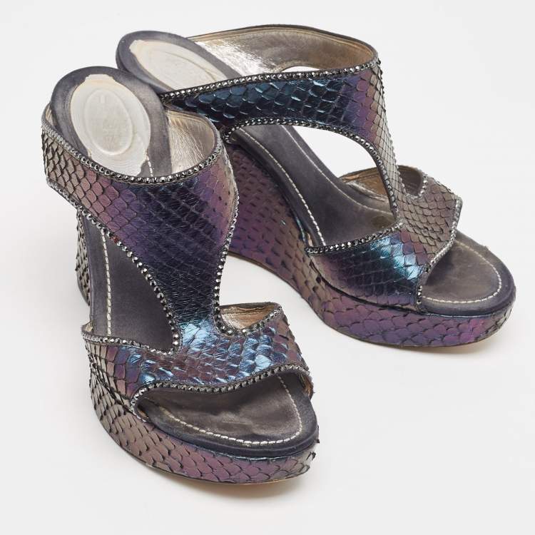 Pre Owned René Caovilla Metallic Python Crystal Embellished Wedge Sandals Size 37