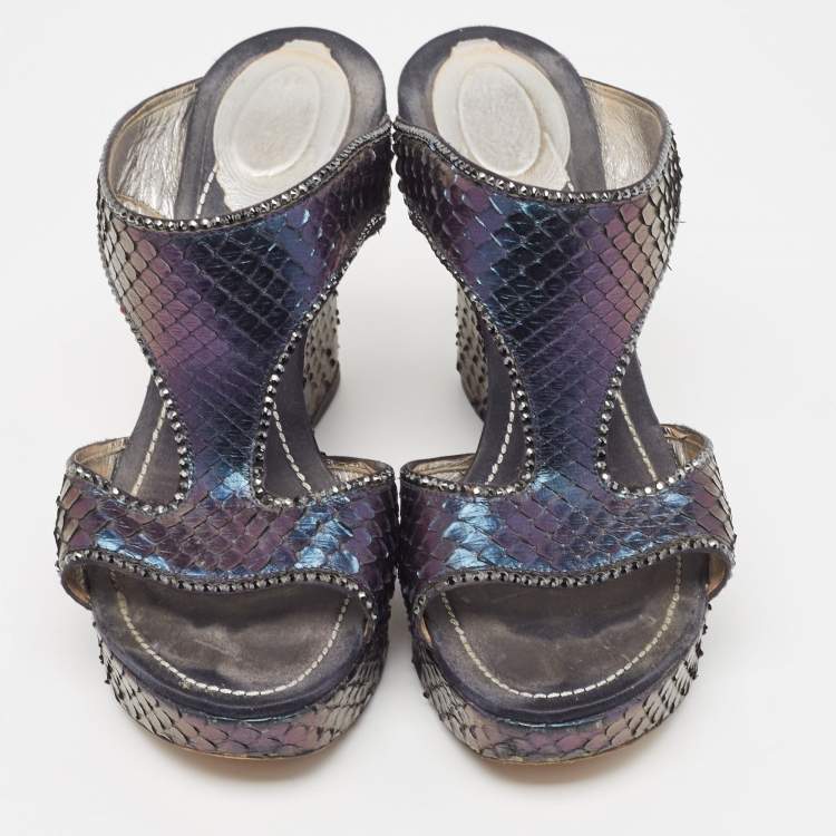 Pre Owned René Caovilla Metallic Python Crystal Embellished Wedge Sandals Size 37