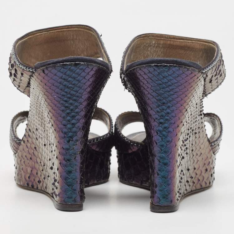 Pre Owned René Caovilla Metallic Python Crystal Embellished Wedge Sandals Size 37