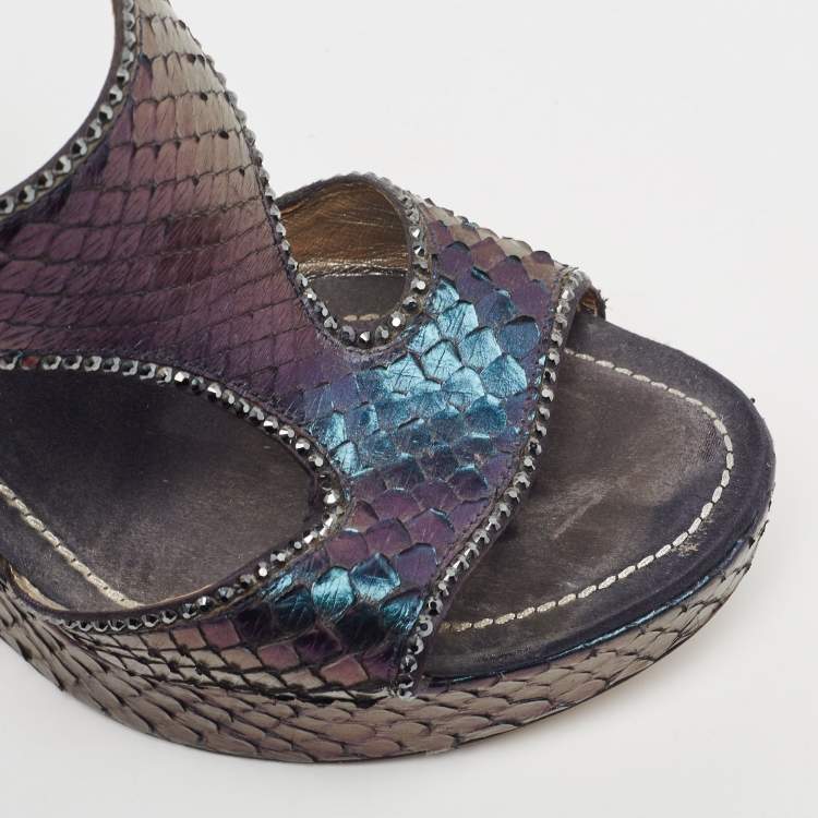 Pre Owned René Caovilla Metallic Python Crystal Embellished Wedge Sandals Size 37
