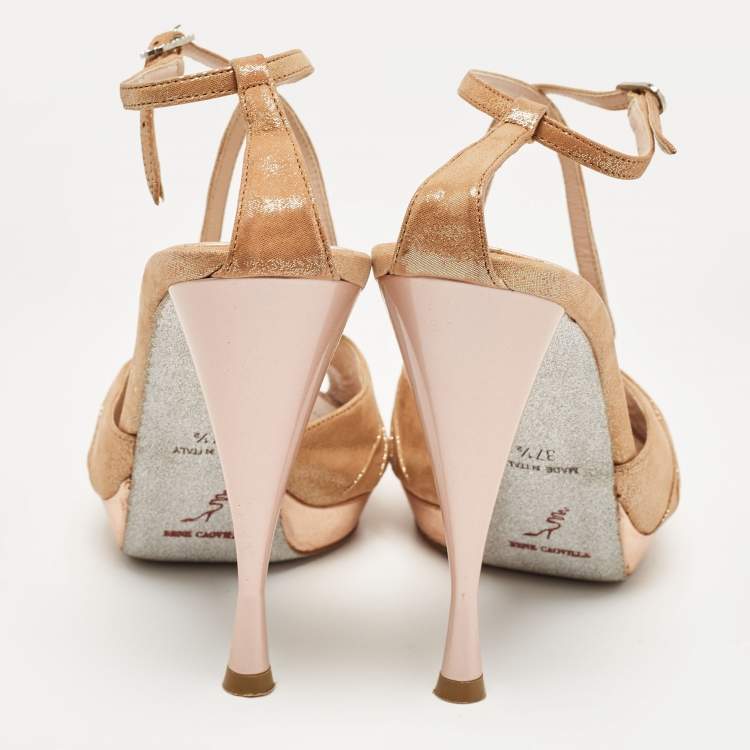 Pre Owned René Caovilla Metallic Gold Fabric Ankle Strap Sandals Size 37.5