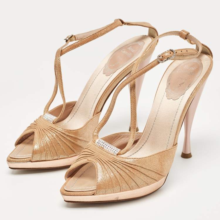 Pre Owned René Caovilla Metallic Gold Fabric Ankle Strap Sandals Size 37.5