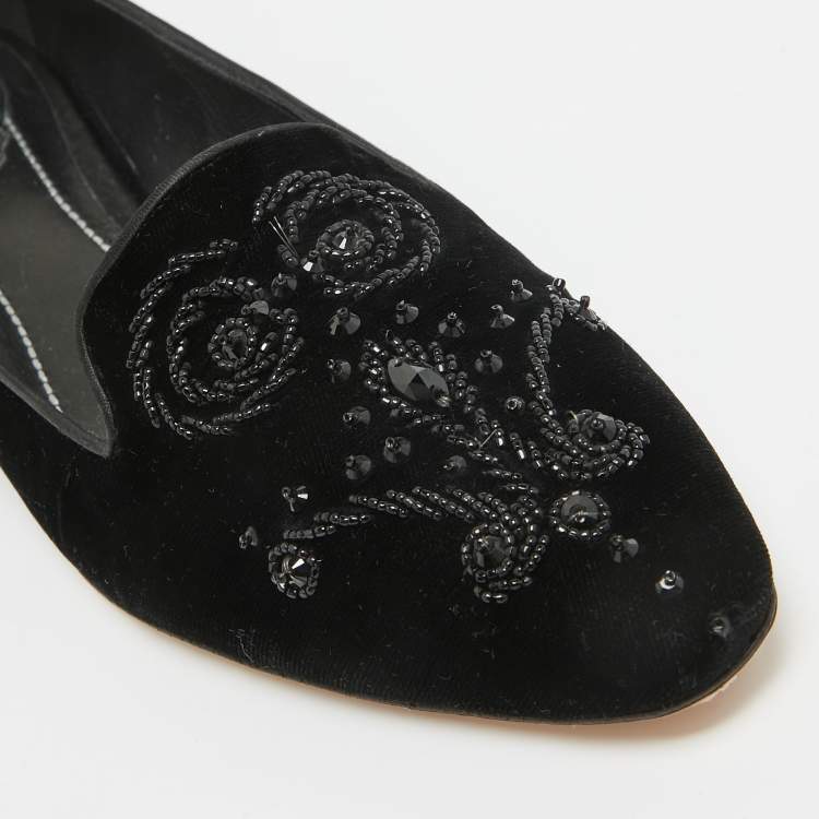 Pre Owned René Caovilla Black Velvet Crystal Embellished Slip On Smoking Slippers Size 41