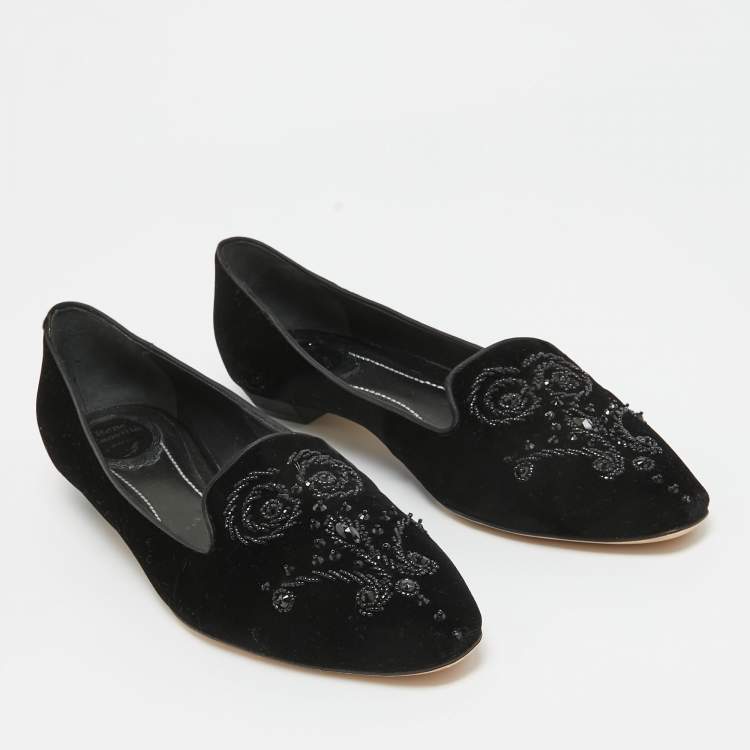 Pre Owned René Caovilla Black Velvet Crystal Embellished Slip On Smoking Slippers Size 41