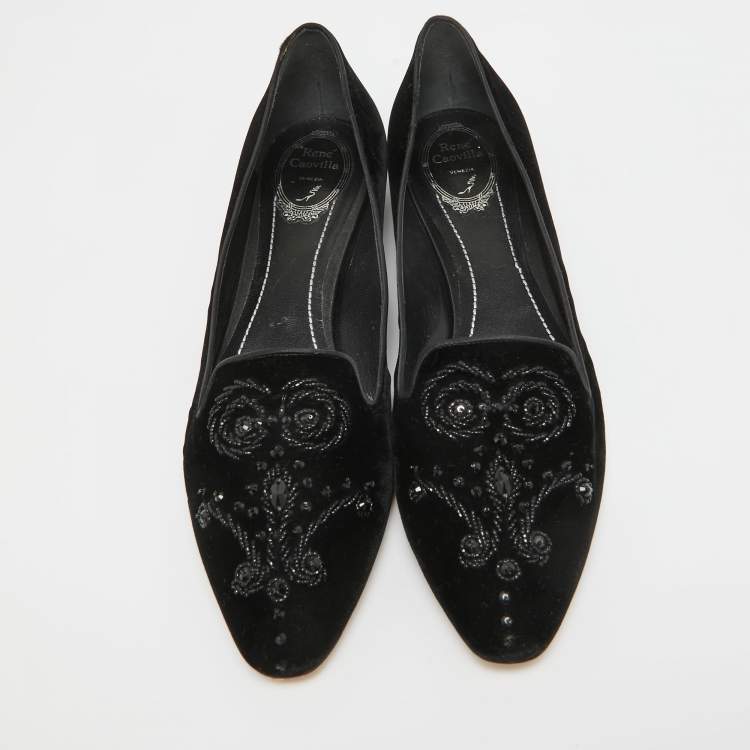 Pre Owned René Caovilla Black Velvet Crystal Embellished Slip On Smoking Slippers Size 41