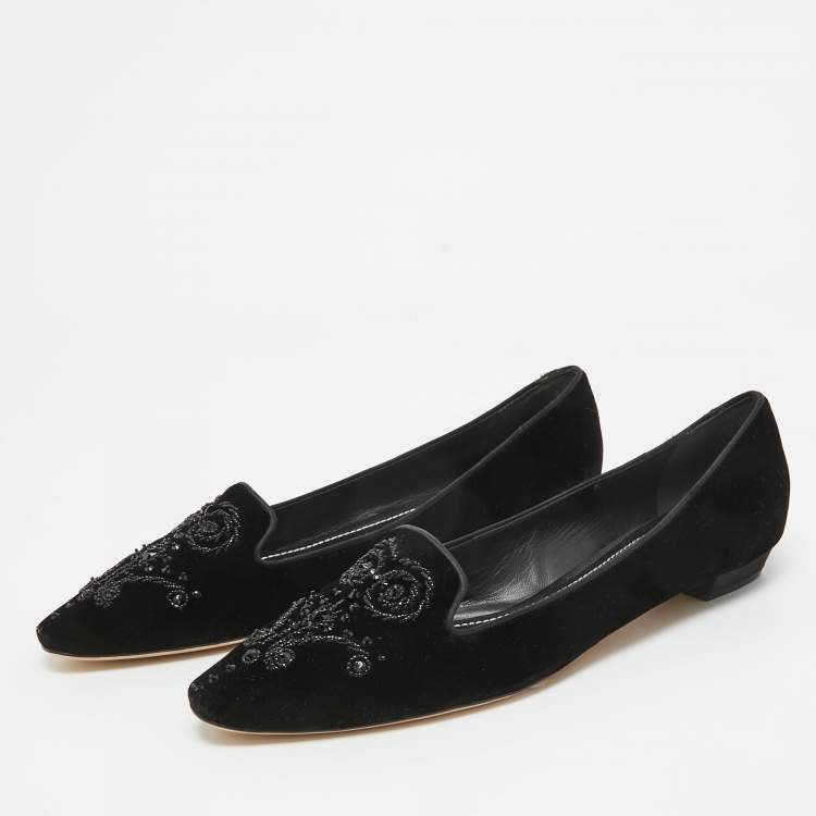 Pre Owned René Caovilla Black Velvet Crystal Embellished Slip On Smoking Slippers Size 41
