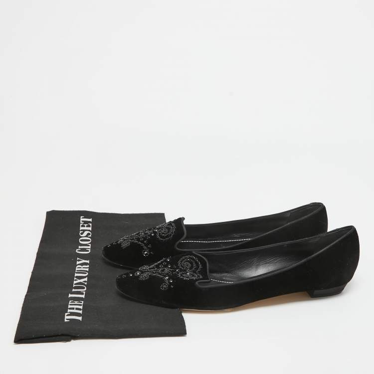 Pre Owned René Caovilla Black Velvet Crystal Embellished Slip On Smoking Slippers Size 41