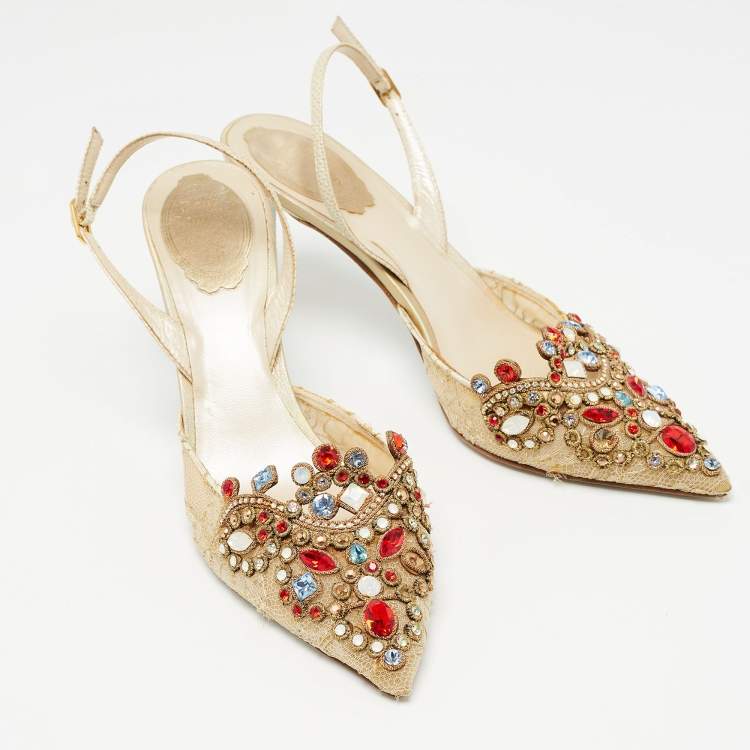Pre Owned René Caovilla Cream  Lace and Leather Crystal Embellished Slingback Pumps Size 39