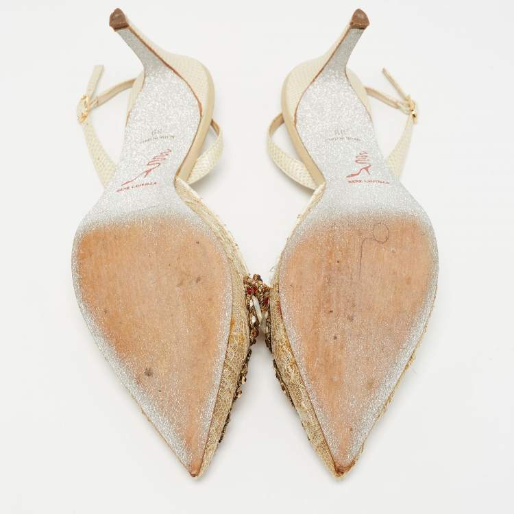 Pre Owned René Caovilla Cream  Lace and Leather Crystal Embellished Slingback Pumps Size 39