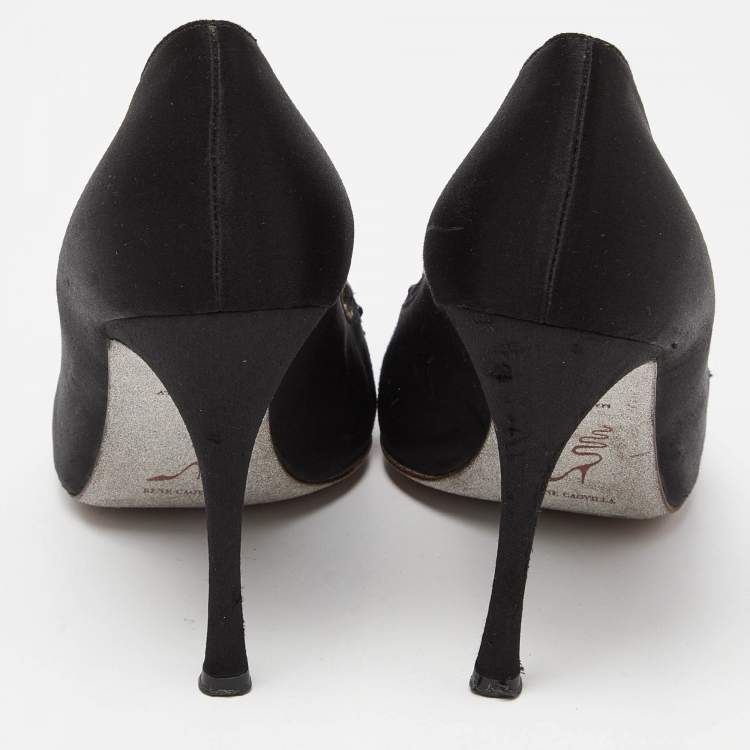 Pre Owned René Caovilla Black Satin and Lace Crystal Embellished Pumps Size 41.5