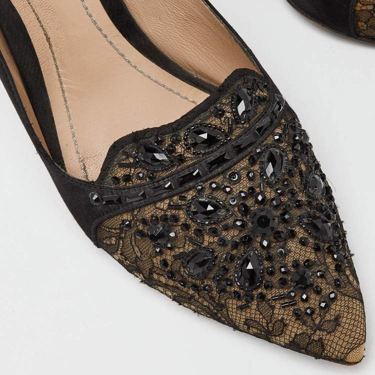 Pre Owned René Caovilla Black Satin and Lace Crystal Embellished Pumps Size 41.5