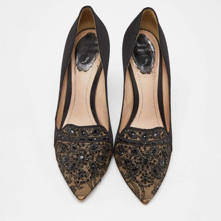 Pre Owned René Caovilla Black Satin and Lace Crystal Embellished Pumps Size 41.5