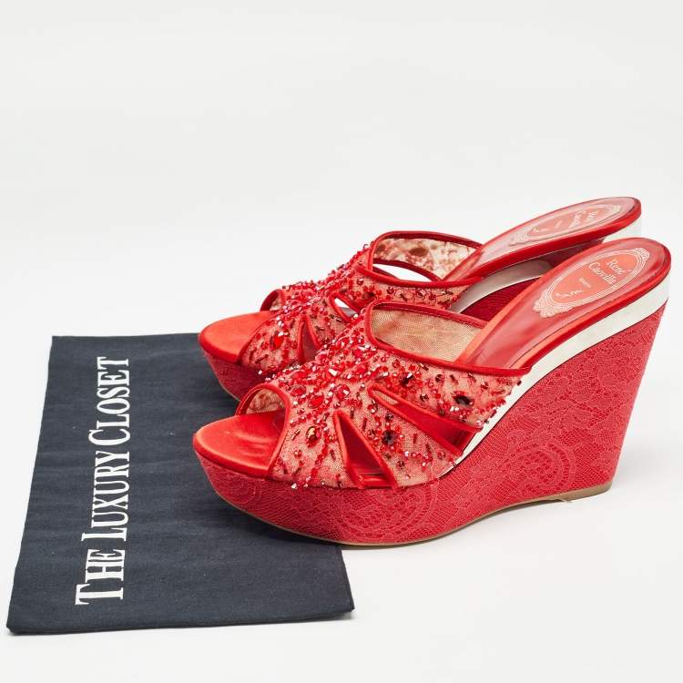 Pre Owned René Caovilla Red Satin and Crystal Embellished Mesh Wedge Platform Sandals Size 40