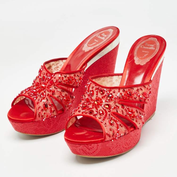 Pre Owned René Caovilla Red Satin and Crystal Embellished Mesh Wedge Platform Sandals Size 40