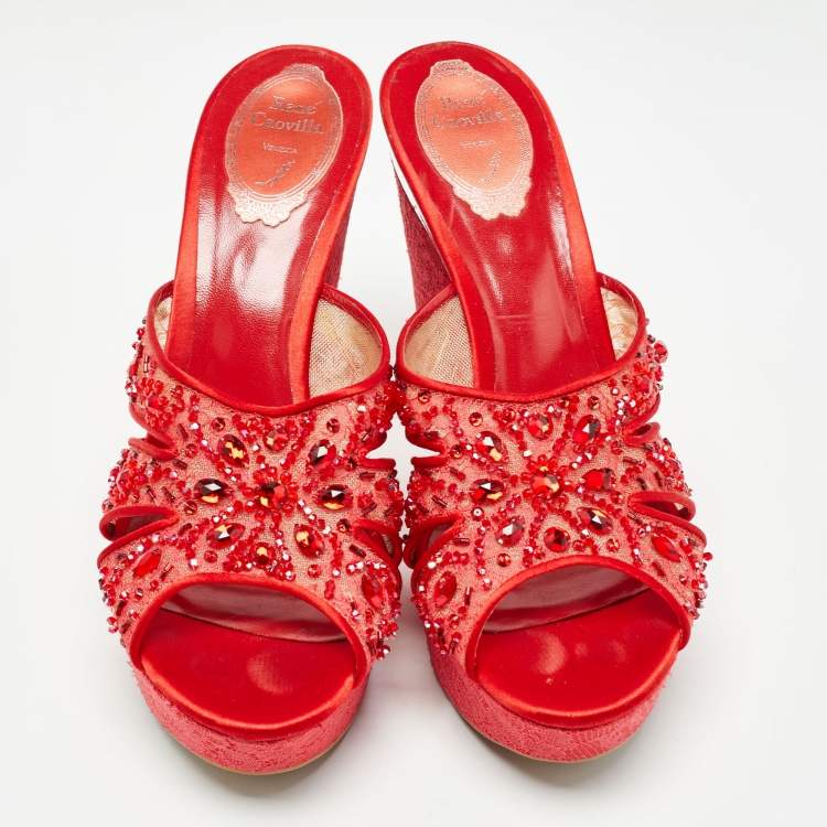 Pre Owned René Caovilla Red Satin and Crystal Embellished Mesh Wedge Platform Sandals Size 40