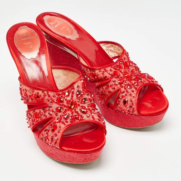 Pre Owned René Caovilla Red Satin and Crystal Embellished Mesh Wedge Platform Sandals Size 40