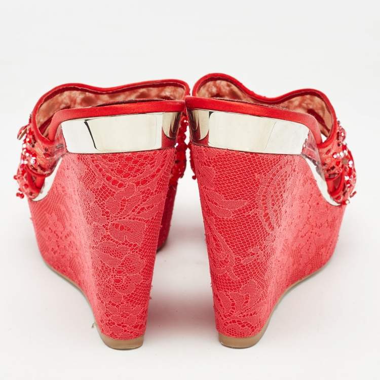Pre Owned René Caovilla Red Satin and Crystal Embellished Mesh Wedge Platform Sandals Size 40