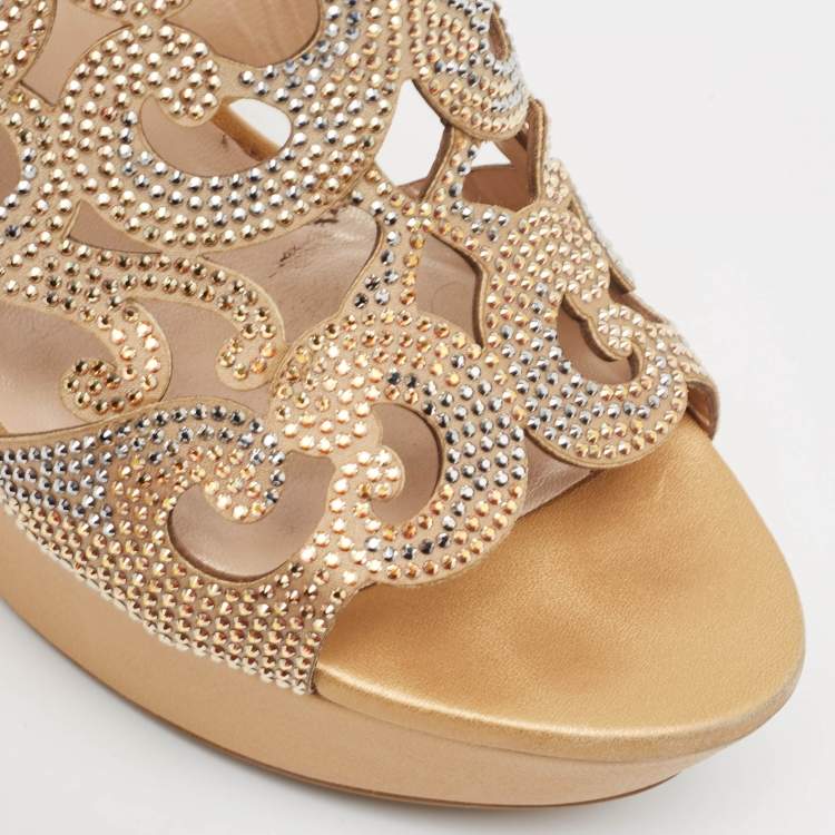 Pre Owned René Caovilla Gold/Beige Leather Lasercut Crystals Wedge Sandals Size 40