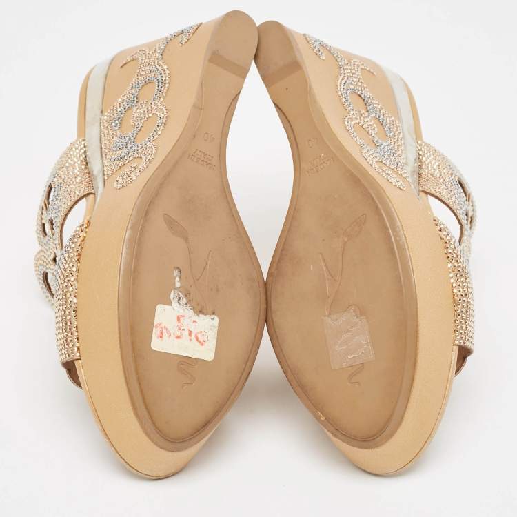 Pre Owned René Caovilla Gold/Beige Leather Lasercut Crystals Wedge Sandals Size 40