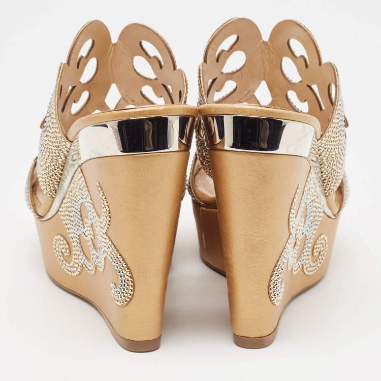 Pre Owned René Caovilla Gold/Beige Leather Lasercut Crystals Wedge Sandals Size 40