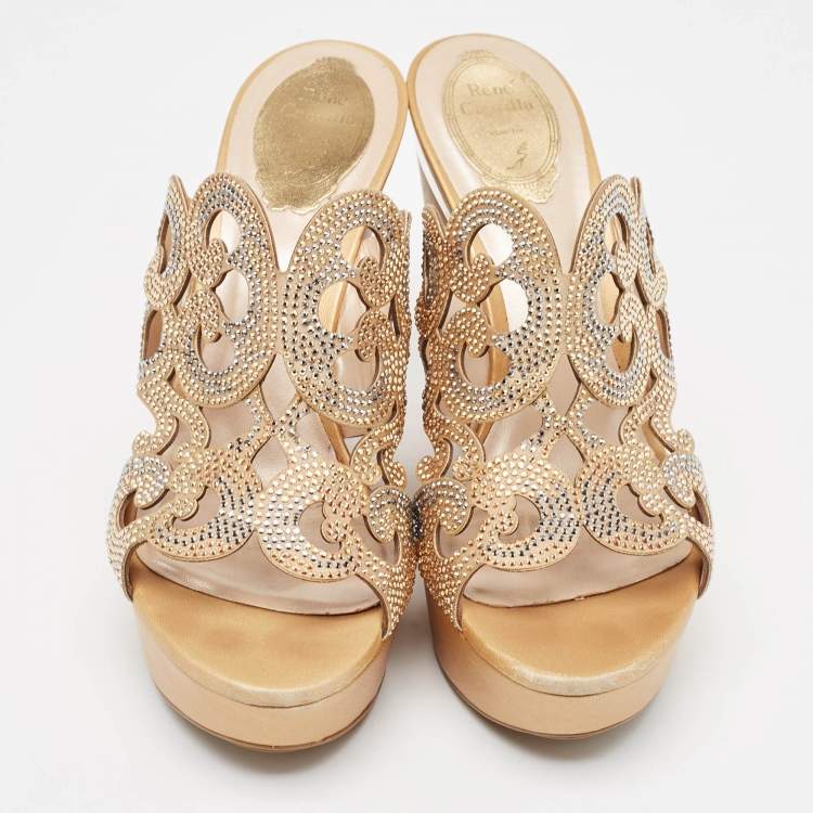 Pre Owned René Caovilla Gold/Beige Leather Lasercut Crystals Wedge Sandals Size 40