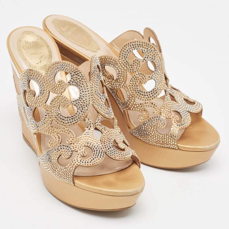 Pre Owned René Caovilla Gold/Beige Leather Lasercut Crystals Wedge Sandals Size 40