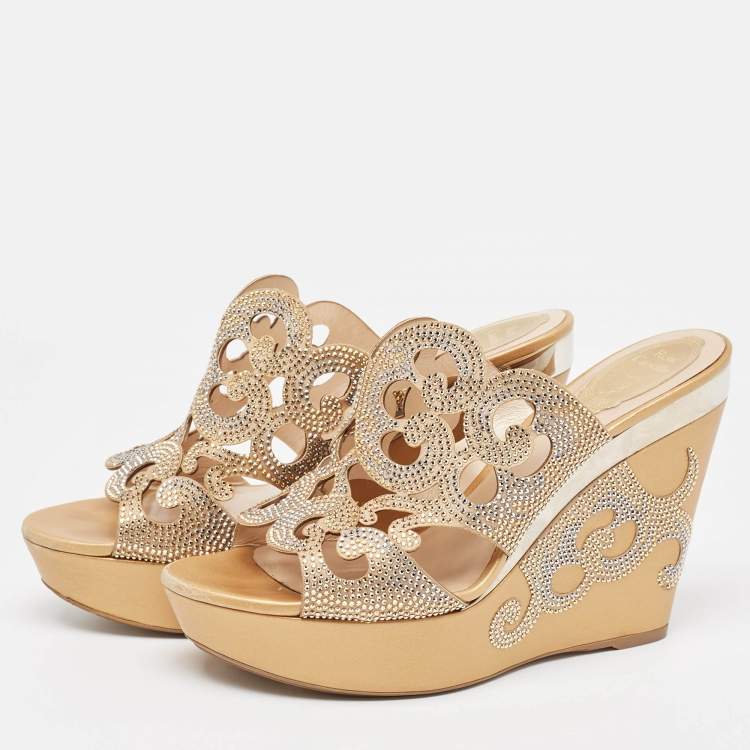 Pre Owned René Caovilla Gold/Beige Leather Lasercut Crystals Wedge Sandals Size 40