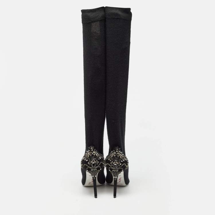 Pre Owned René Caovilla Black Knit Fabric Embellished Sock Boots Size 41